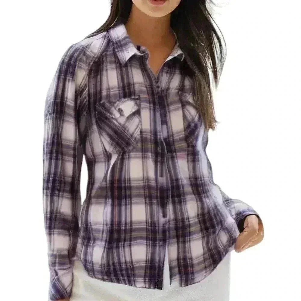 Aritzia TNA Flannel Shirt Women Medium Purple White Plaid